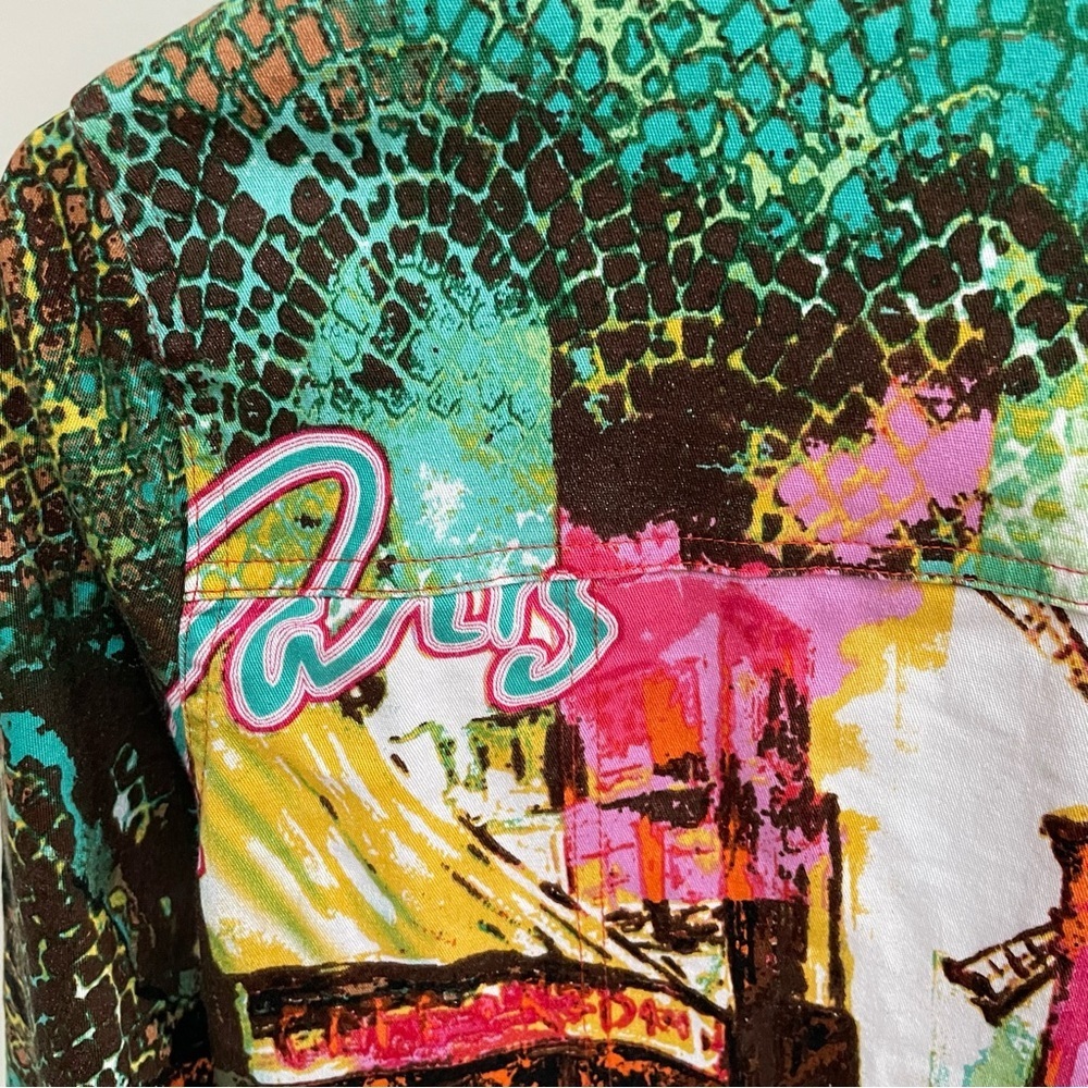 Kaktus Vintage Paris Streets Print Lightweight Denim Art to Wear Vibrant Jacket - Picture 7 of 15